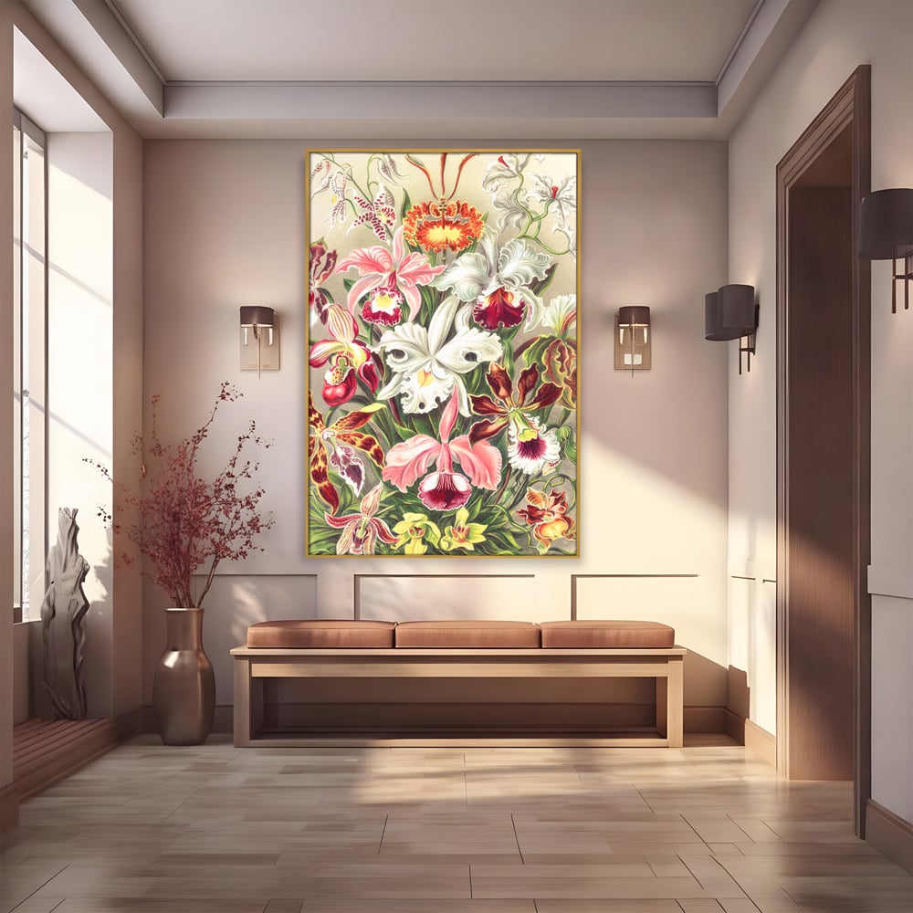 Tablou canvas cu ilustratie botanica cu orhidee multicolore, in rama de aluminiu auriu